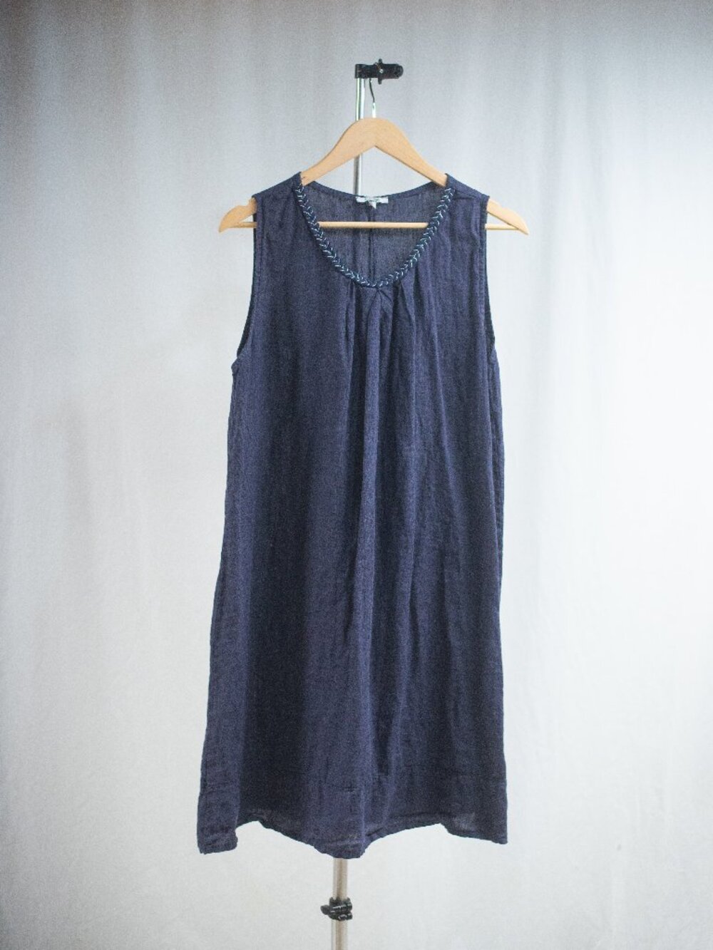 Rosemarine 100% Linen Navy Tunic Dress Italy Blue W/ Metallic Braided Collar